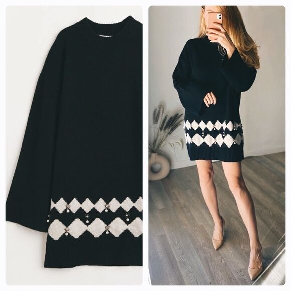 H&M Knit Dress Decorated Beaded Wide Sleeves New - Picture 5 of 10